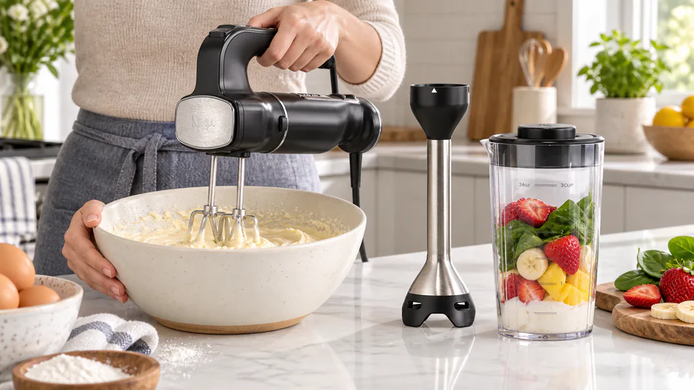 The Ninja CI101 showing the same base fitted with hand mixer beaters and, beside it, the immersion blending arm.