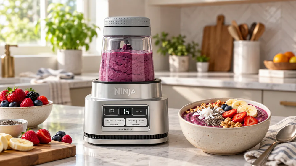 The Ninja SS101's 14-oz Smoothie Bowl Maker holding a thick berry smoothie bowl with the tamper resting on the lid.