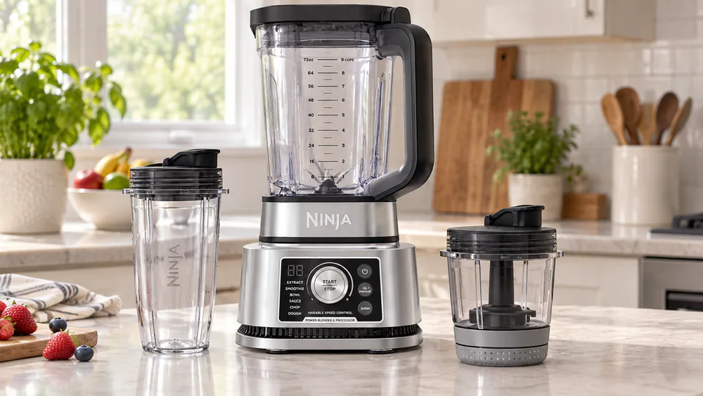 The Ninja SS351 spread out on a counter: the 72-oz pitcher, 24-oz cup, 14-oz bowl, and the base with backlit controls.
