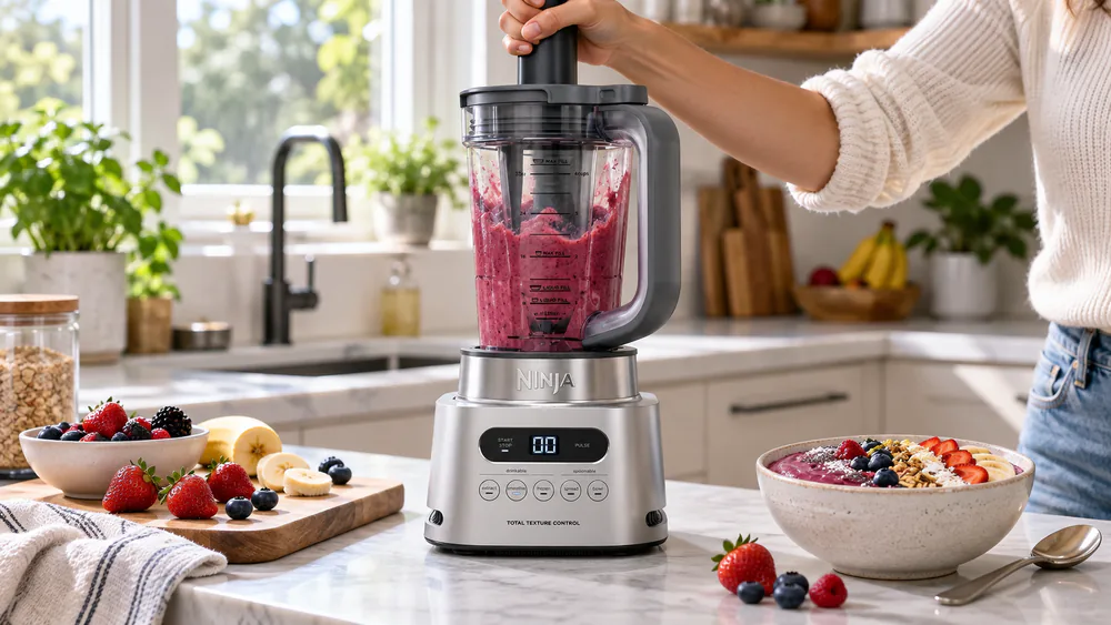 The Ninja TWISTi SS151's 34-oz pitcher with the Twist Tamper spinning a thick frozen berry mixture into the blades.