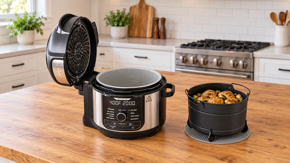 A Ninja Foodi Deluxe XL FD401 with the Cook & Crisp Basket lifted out holding crisped chicken and Brussels sprouts