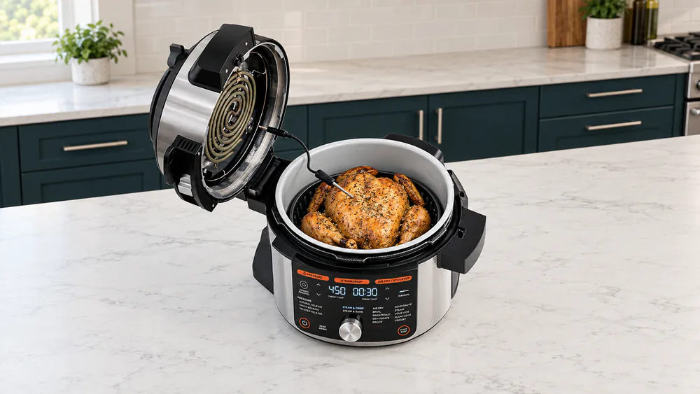 A whole roast chicken in the 8-qt pot of a Ninja Foodi Smart XL OL701 with the Smart Thermometer probe inserted and the SmartLid open