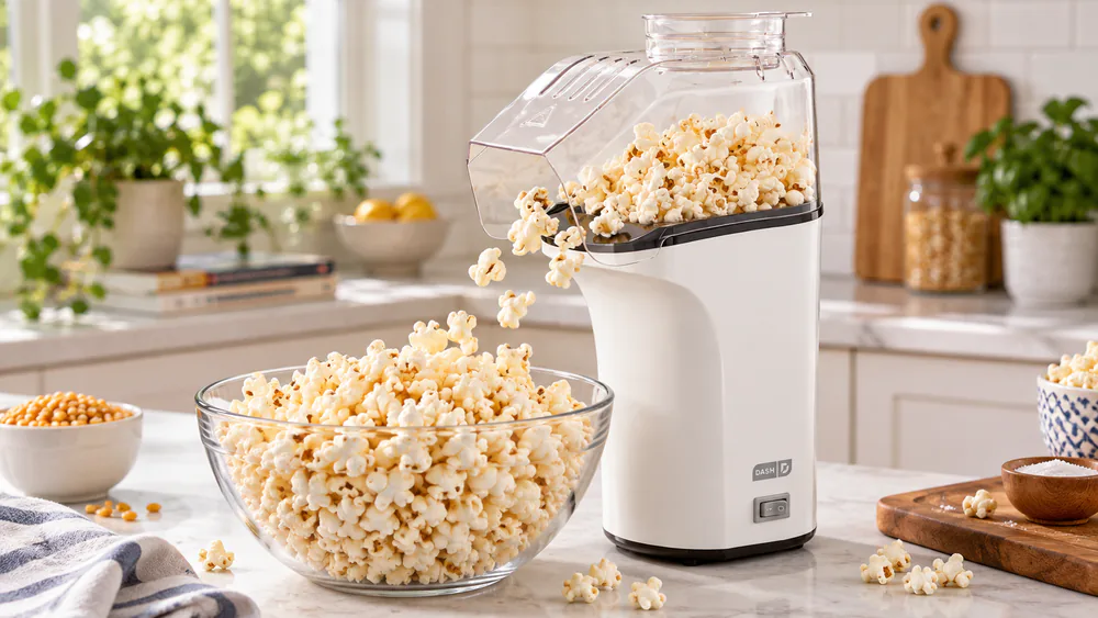 A DASH Fresh Pop air popper running on a counter with kernels scattered around its base.