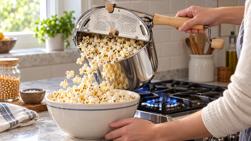 A Great Northern stainless kettle with wooden handle and crank on a gas range, popcorn streaming into a bowl.