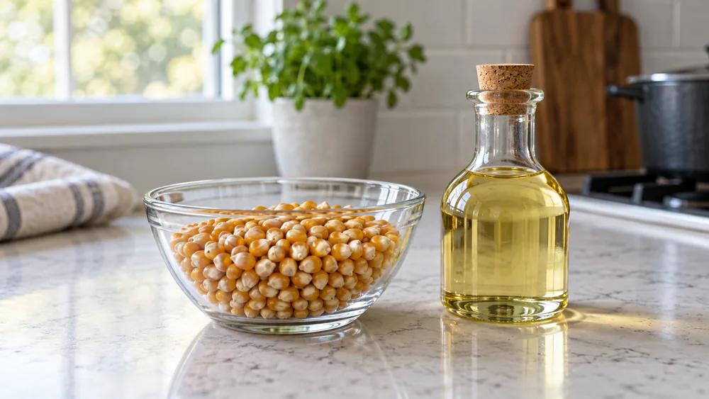 A bowl of popcorn kernels beside a bottle of oil and a wooden spoon.