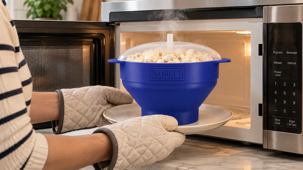 A Korcci silicone bowl on a plate being lifted from a microwave, steam rising.