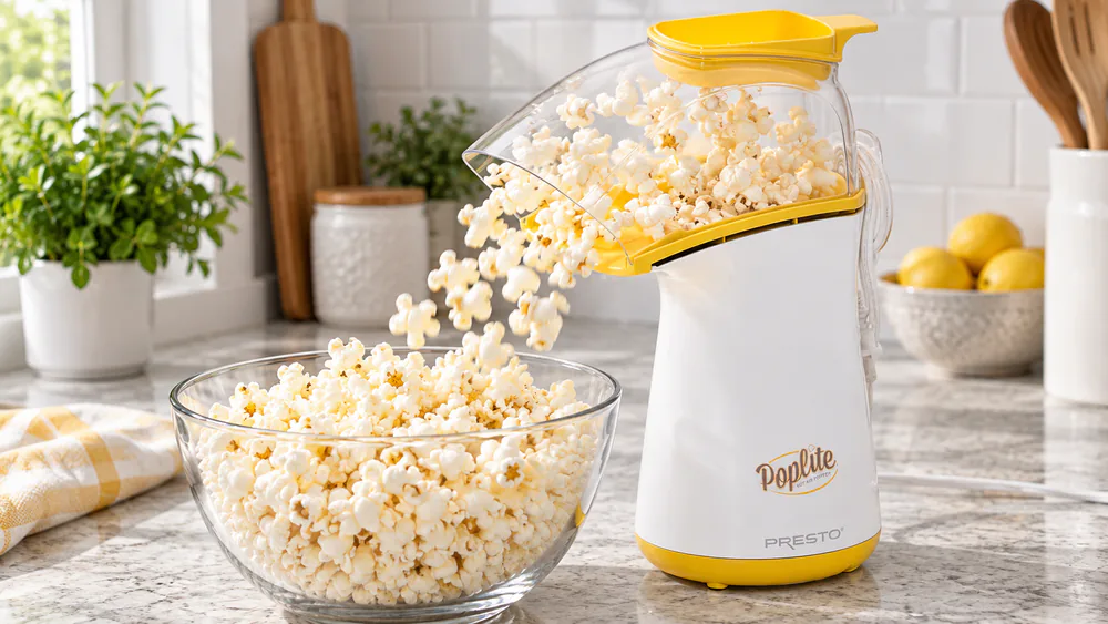 A Presto PopLite air popper on a counter, popcorn streaming from the chute into a bowl.