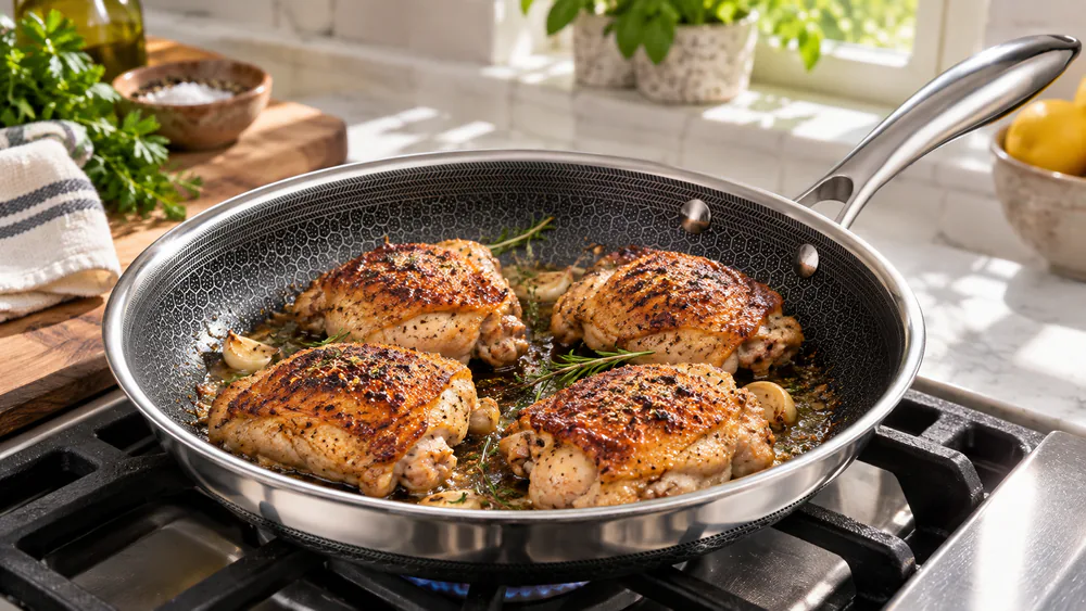 Golden chicken thighs seared in a HexClad 10-inch hybrid pan, the hexagonal grid visible at the edges.