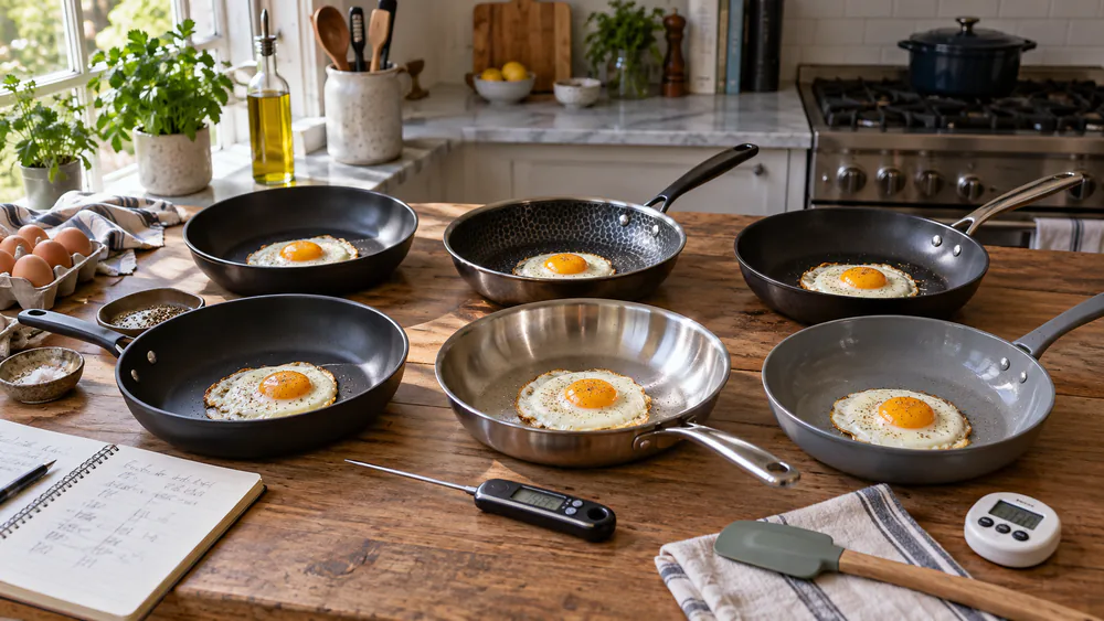 Six nonstick pans on a test-kitchen bench, each holding a fried egg, with a probe thermometer nearby.