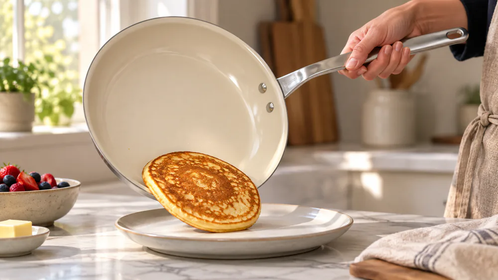 A pancake sliding out of a Made In CeramiClad 10-inch pan, the stainless exterior catching the light.