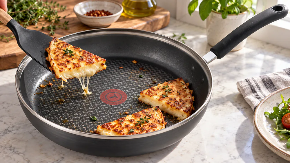 A wedge of fried cheese lifted off the bare surface of a T-fal Ultimate 10-inch pan, the coating clean beneath it.