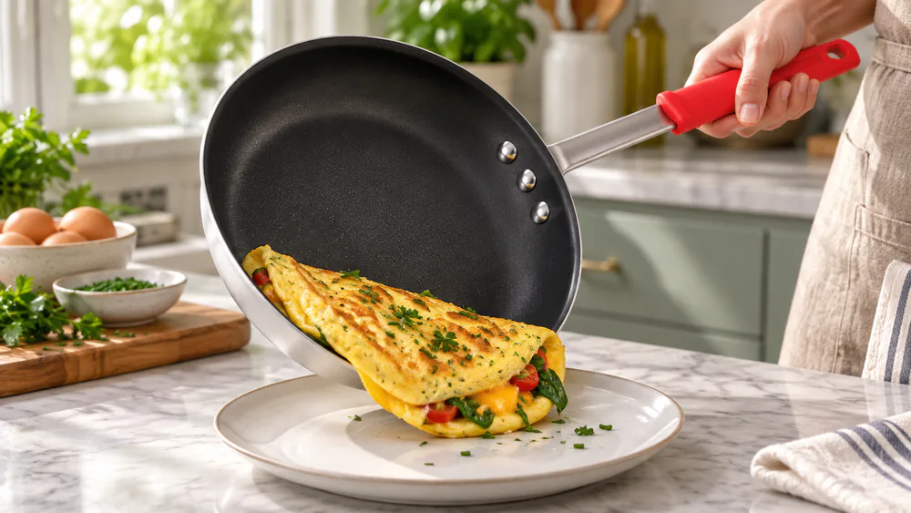A golden omelet sliding out of a Tramontina Professional 10-inch pan onto a plate in one fold.