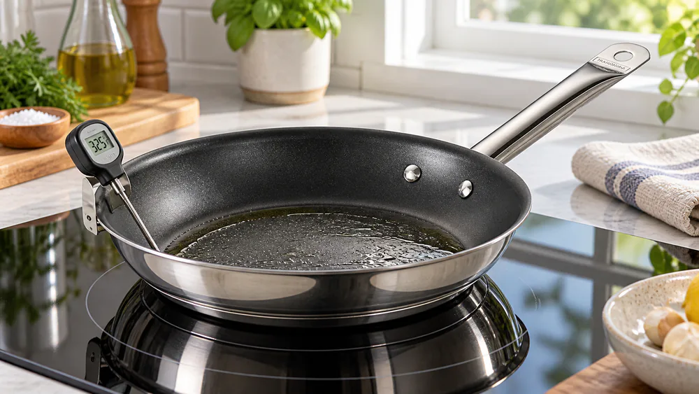 A Tramontina Tri-Ply Base 10-inch pan on an induction cooktop with a probe thermometer clipped to its rim.
