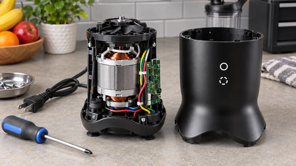 An opened NutriBullet motor base on a workbench with the internal motor and wiring exposed for inspection, a screwdriver lying alongside.