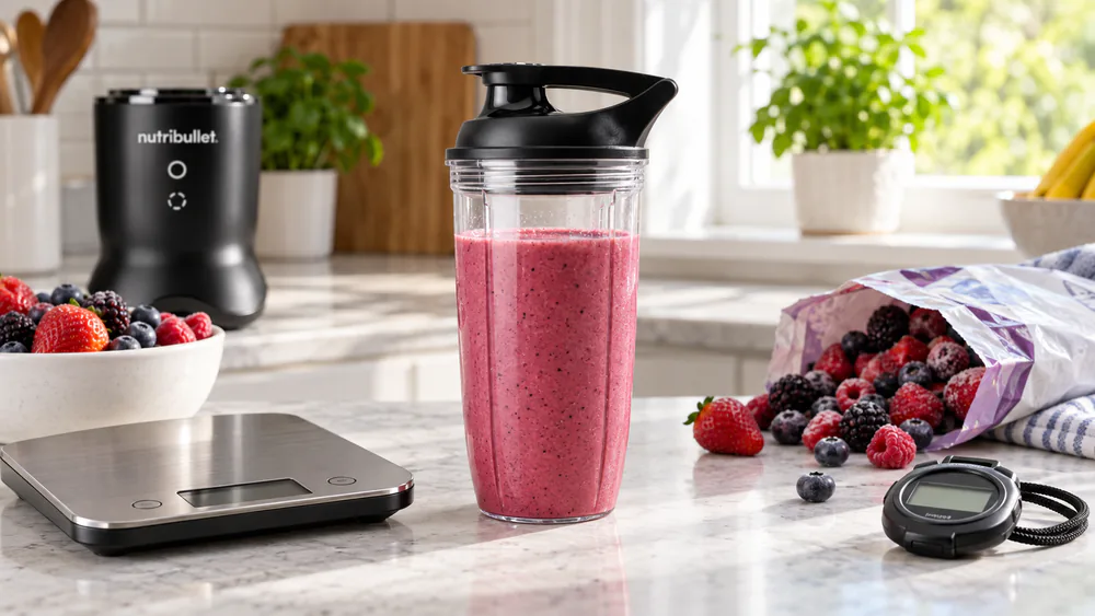 A 32-ounce NutriBullet cup filled with a blended frozen berry smoothie on a kitchen counter, beside a digital scale and a bag of frozen fruit.