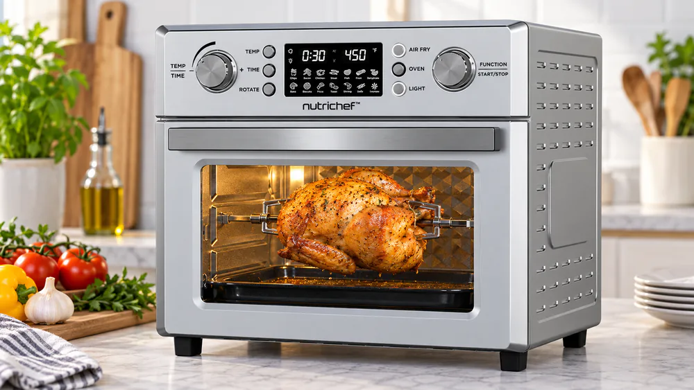 A whole chicken turning on the rotisserie spit inside a NutriChef 26 quart air fryer oven, golden and glistening through the glass door