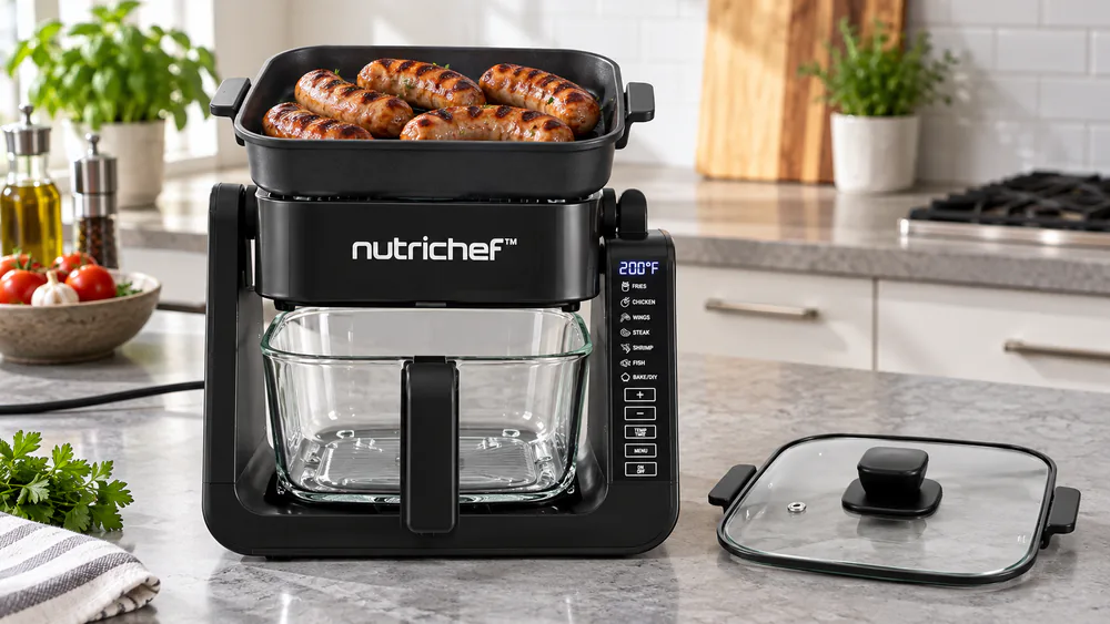 The flip-over grill pan of a NutriChef 4 quart air fryer and grill holding browned sausages above the glass pot