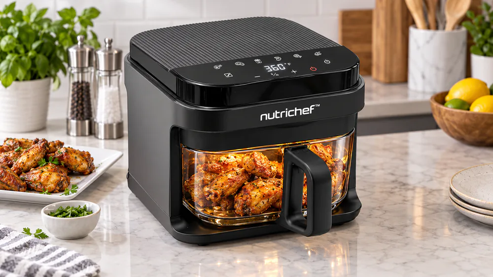 The glass bowl of a NutriChef 5.8 quart air fryer showing crispy chicken wings through the transparent side, with the touch screen above