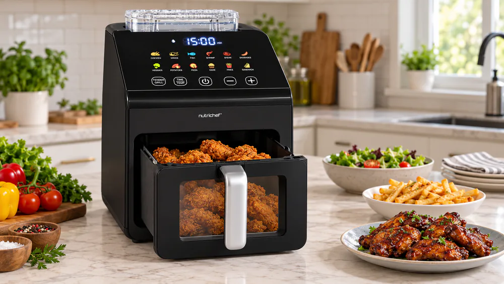 The NutriChef 6.3 Quart Air Fryer Tenderizer on a family kitchen counter with its LED touch screen lit and the basket slightly open