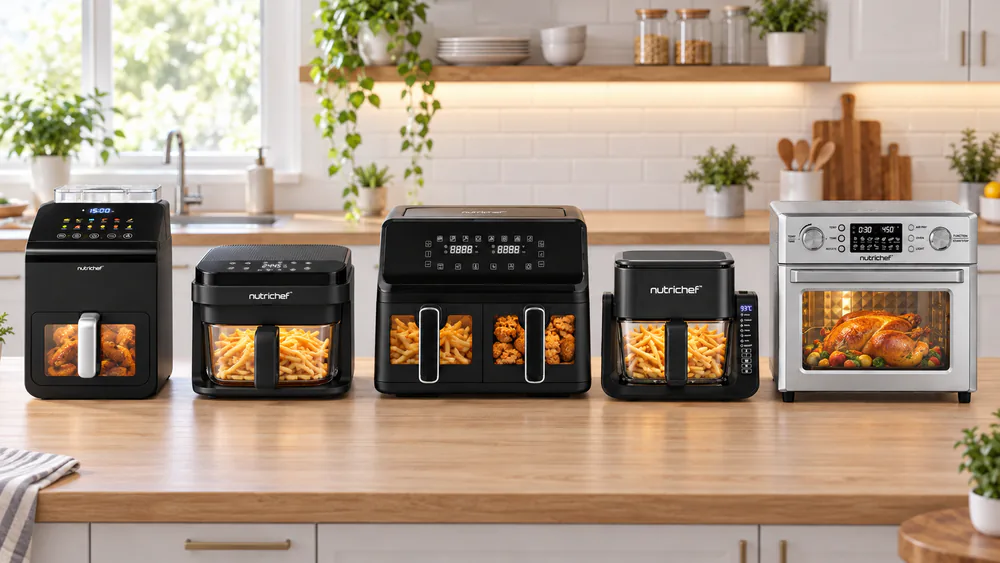 Five NutriChef air fryers of different sizes lined up on a family kitchen counter, from the small 4 qt grill to the large 26 quart oven