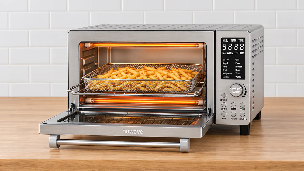 Nuwave Bravo 21QT oven with the air fry basket pulled out on the rack, filled with golden frozen fries, digital display lit