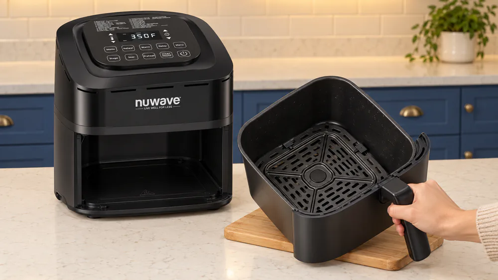 Nuwave Brio 7.25-quart basket held under a kitchen light showing scuffed nonstick coating and the mesh screen at the base