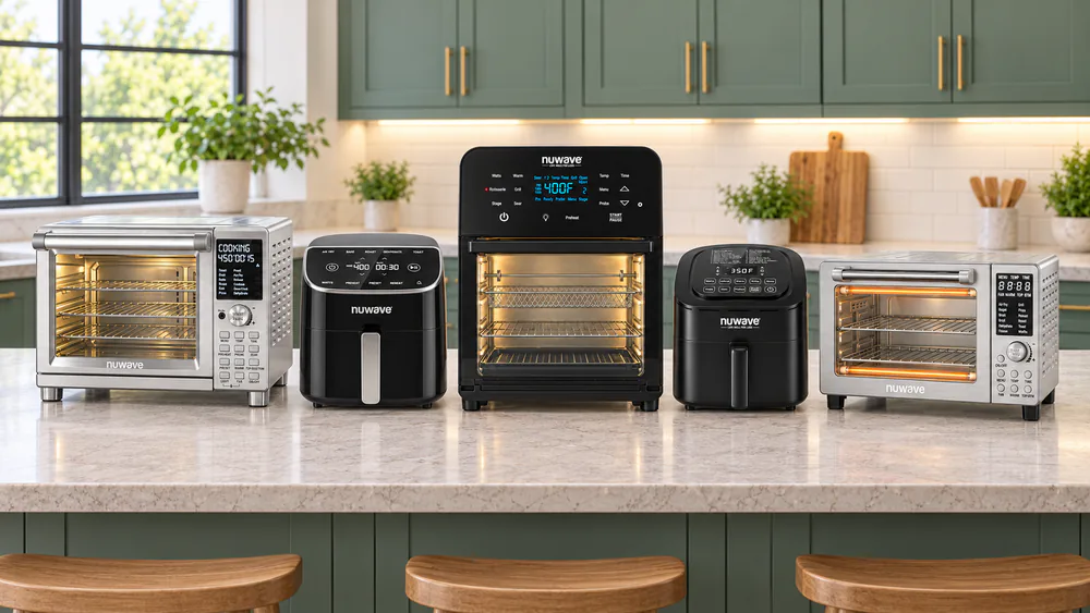Five Nuwave air fryers, two Brio baskets, a Brio rotisserie oven and two Bravo toaster-style ovens, lined up on a kitchen counter for comparison