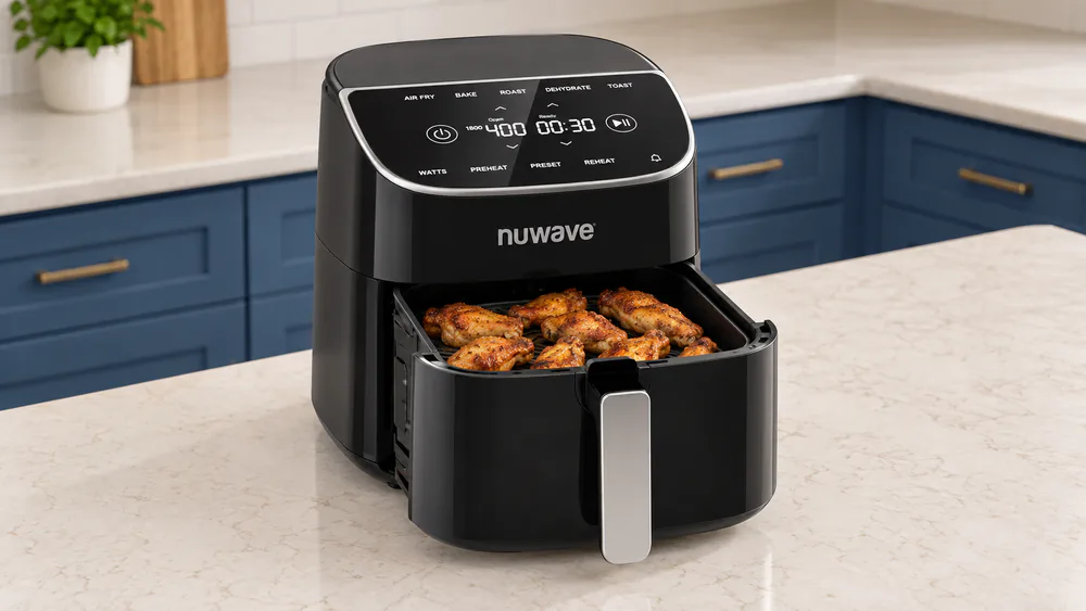 Nuwave Brio Plus 8-quart basket pulled halfway out of the unit, filled with a single layer of chicken wings, touch screen lit