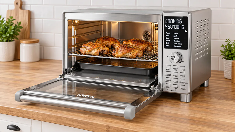 Nuwave Bravo XL Pro glass door open showing crisp-skinned chicken thighs on the rack with the pull-out bottom tray visible beneath
