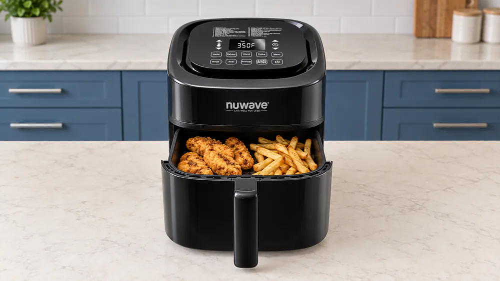 A NuWave Brio 8-Qt basket loaded with a family-sized batch of chicken tenders and fries on a kitchen counter