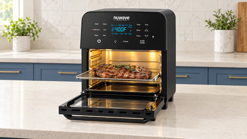 The NuWave Brio 15.5-Qt air fryer oven with its door open and a rack pulled out showing steak on the grill rack