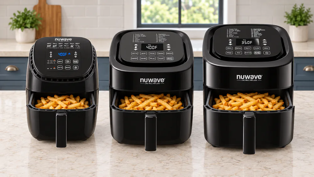 Three NuWave Brio air fryers of different sizes lined up on a kitchen counter with their baskets pulled out and fries in each