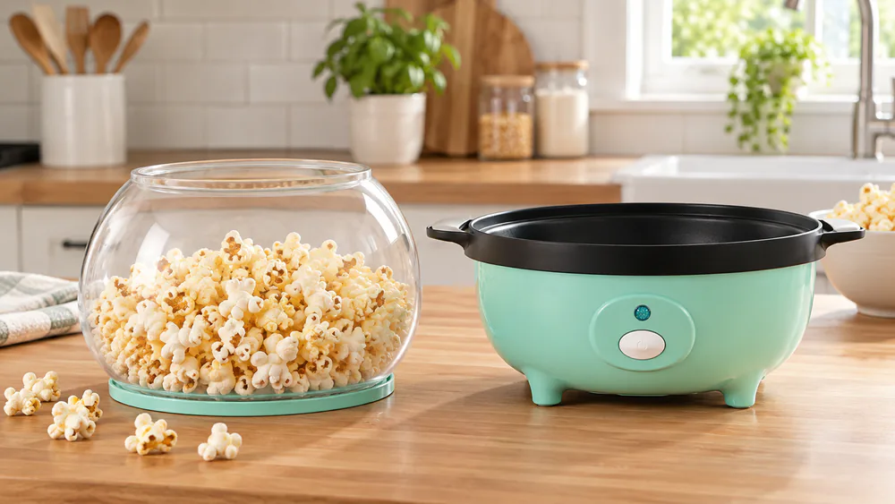 The Elite Gourmet EPM330M on a small kitchen counter with its cover flipped over and filled with a single-serving batch of popcorn