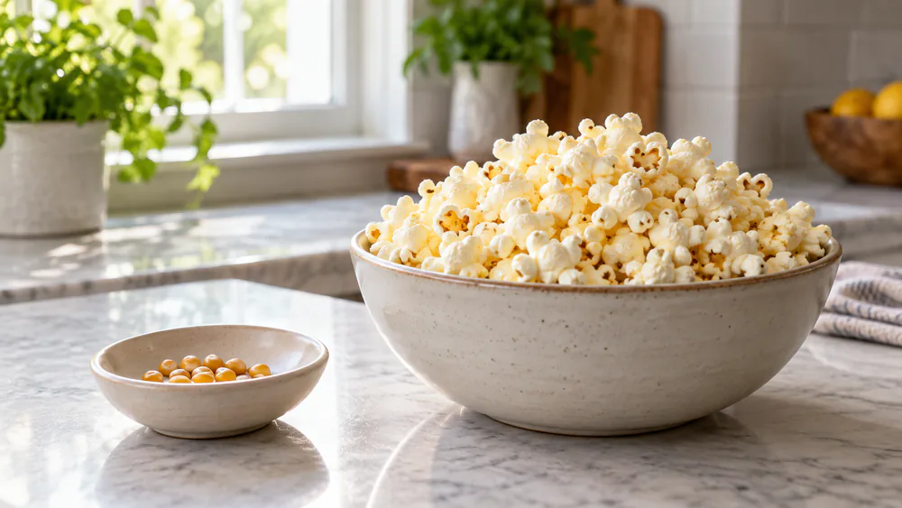 A small bowl of unpopped kernels beside a full serving of oil-popped popcorn on a kitchen counter