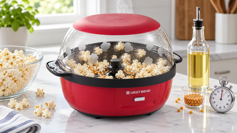 A test kitchen counter with kernels popping inside a transparent electric popper cover, steam rising, a measuring cup and oil bottle beside it