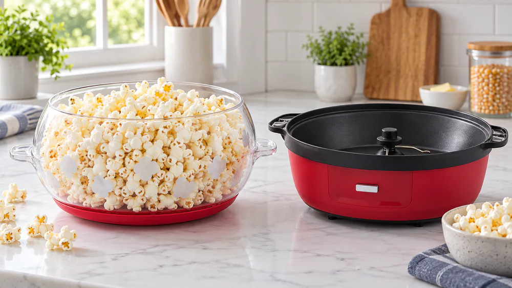 A full batch of popcorn filling the West Bend Stir Crazy's clear cover, used as a serving bowl, with the butter well visible on top