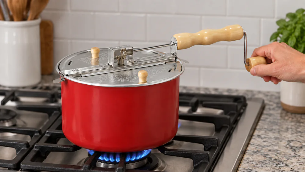 A hand cranking the Original Whirley Pop on a stovetop burner, steam rising from the vented lid, wooden handle in grip