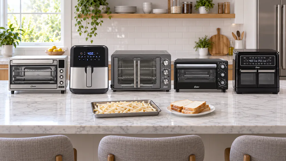 Five Oster air fryer ovens and air fryers lined up on a kitchen counter beside a tray of frozen fries and bread slices
