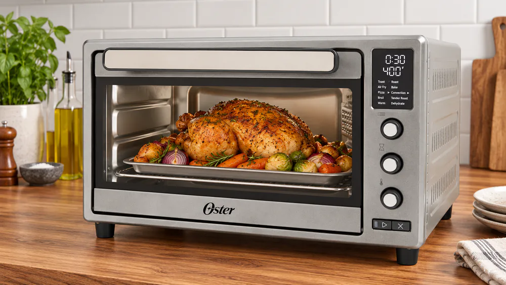 A whole chicken roasting on the baking pan inside the Oster 10 Function Air Fryer Oven with the glass door showing golden skin