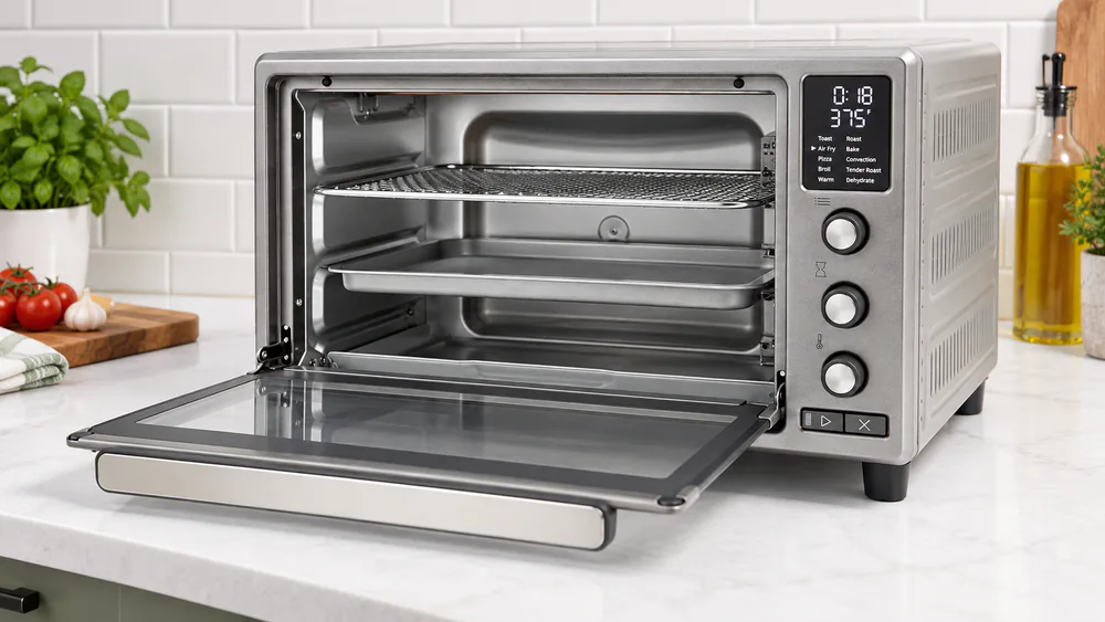 Close-up of an Oster air fryer oven interior showing the air fry mesh rack, baking pan, and digital control panel