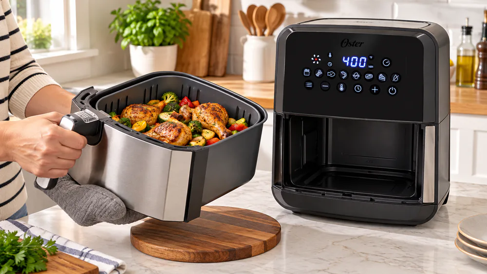 A family dinner of chicken and vegetables being lifted out of an Oster digital air fryer basket onto a kitchen counter