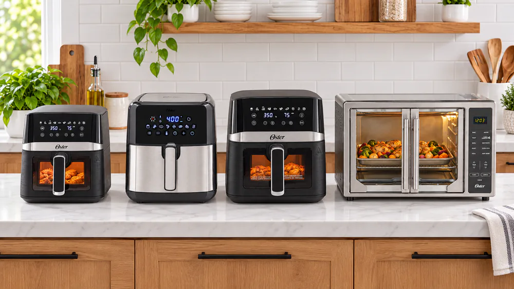Four Oster air fryers of different sizes lined up on a kitchen counter, from the compact 4 quart basket to the French door oven