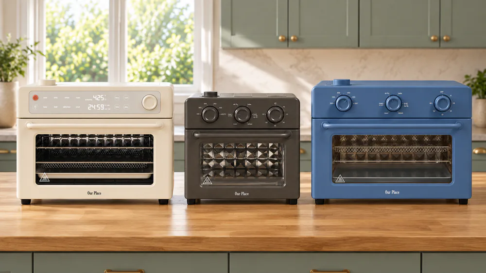 The Our Place Wonder Oven Pro, standard Wonder Oven and Large Wonder Oven lined up on a kitchen counter to show the size difference
