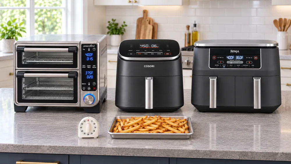 Several air fryers lined up on a kitchen counter with a timer and a tray of golden fries ready for a side-by-side crispness comparison