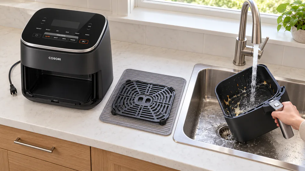 A ceramic-coated air fryer basket being rinsed in a kitchen sink after cooking, cheese residue sliding off the surface