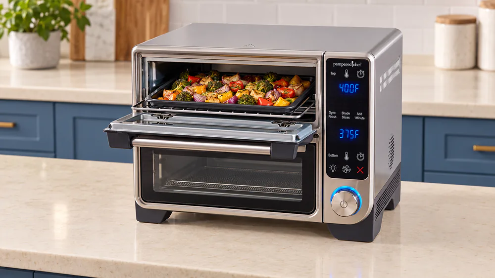 The Pampered Chef Deluxe Air Fryer & Oven on a kitchen counter with the top toaster-oven door open showing a sheet pan of vegetables above the air fryer drawer