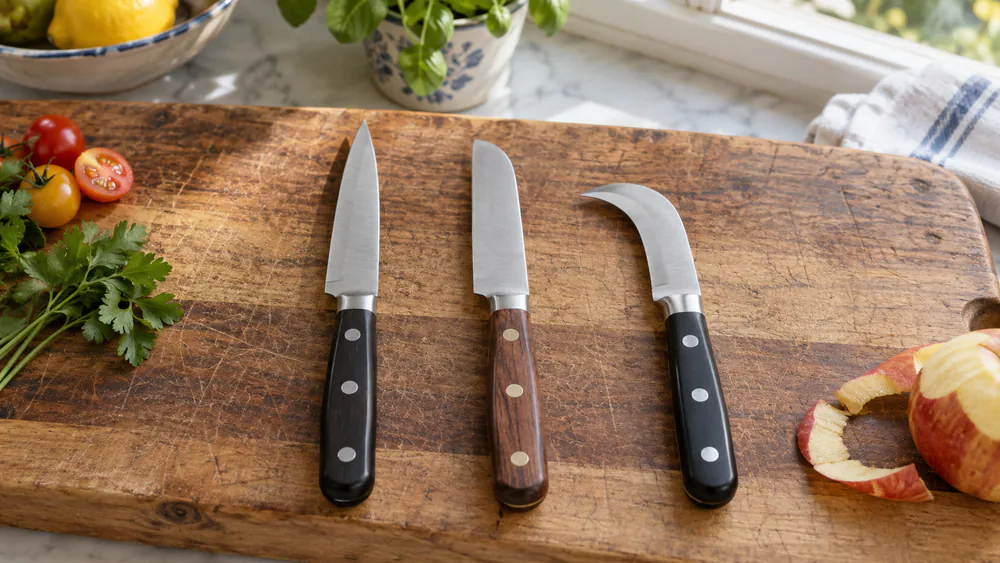 Three paring knives side by side showing spear point, sheep's foot, and bird's beak tip profiles.