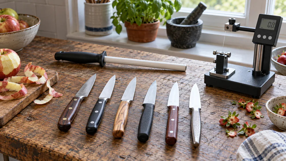 A row of paring knives laid on a wooden test bench beside a honing rod and an edge gauge, from our month of prep testing.