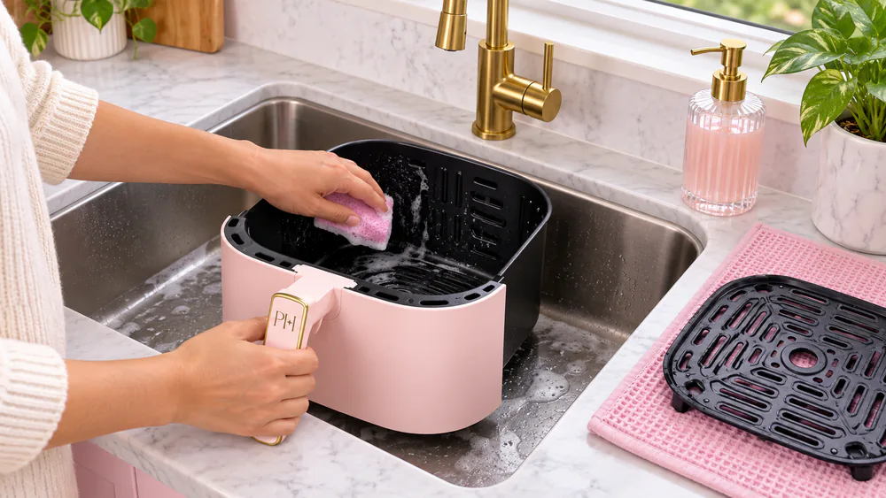 Hands wiping the nonstick Paris Hilton air fryer basket clean at a kitchen sink with a soft sponge