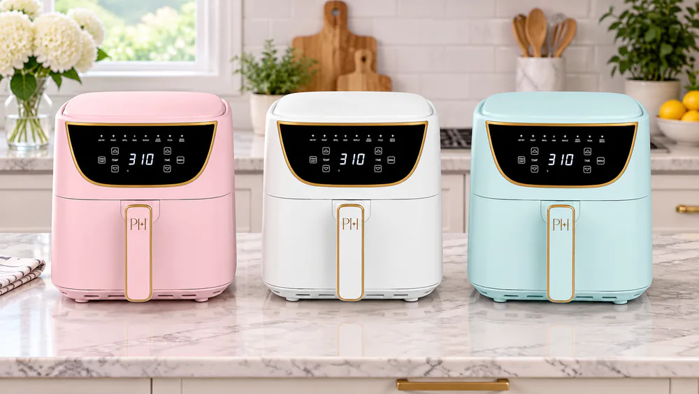 Three Paris Hilton 6-quart air fryers in pink, white, and aqua with gold accents lined up on a kitchen counter